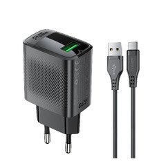 Универсално зарядно за стена Charger Wall GaN Quick Charge 18W - A90 with 1.2m cable - USB-A x 1, Black Универсално зарядно за стена Charger Wall GaN Quick Charge 18W - A90 with 1.2m cable - USB-A x 1, Black