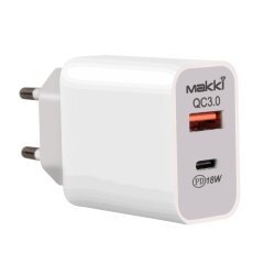 Fast Charger Wall - QC3.0 + Power Distribution Type-C 18W White - MAKKI-PQ18W-WH Fast Charger Wall - QC3.0 + Power Distribution Type-C 18W White - MAKKI-PQ18W-WH
